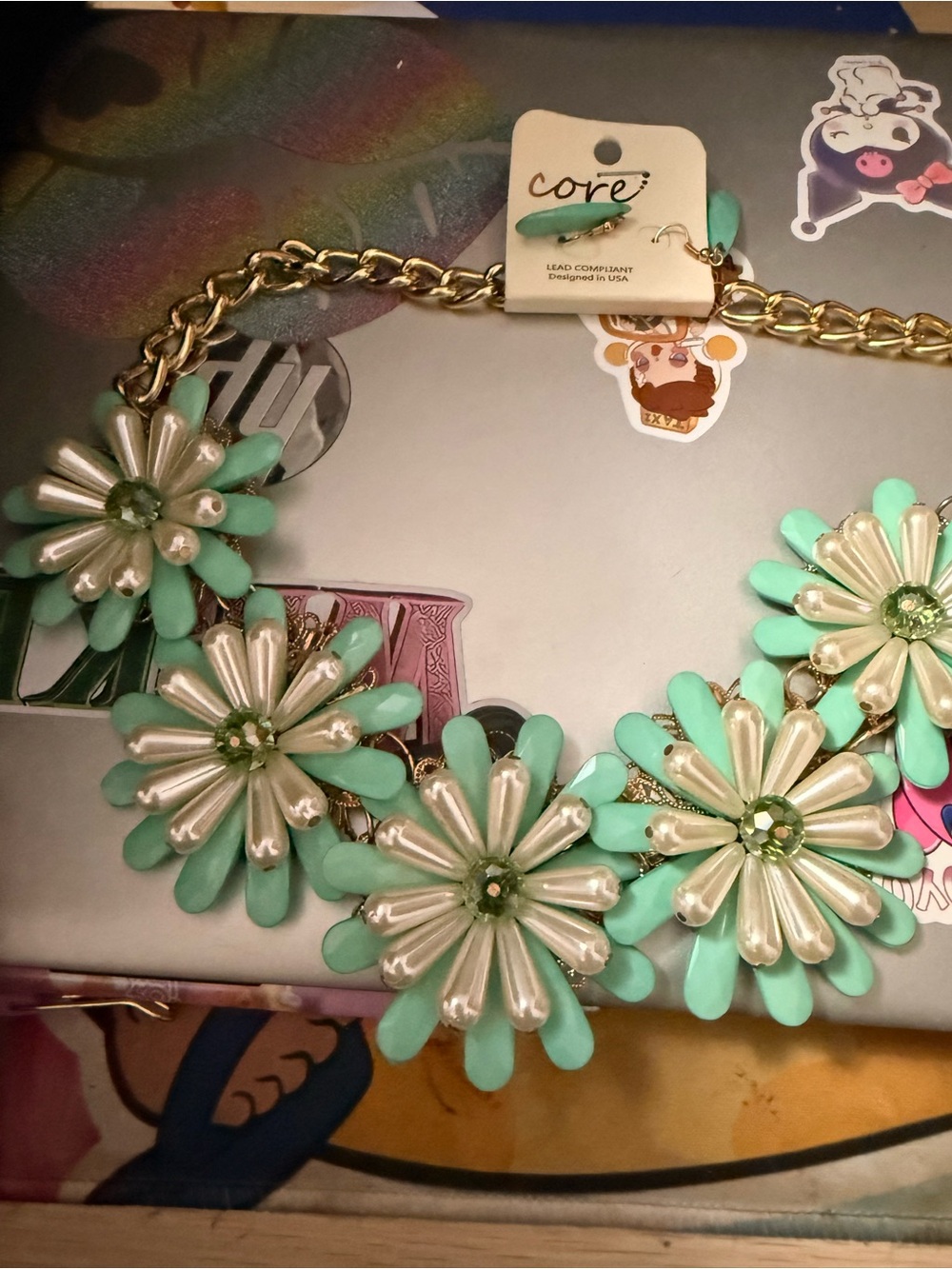 Vintage CORE mint Green Floral Statement Necklace & Earrings Set